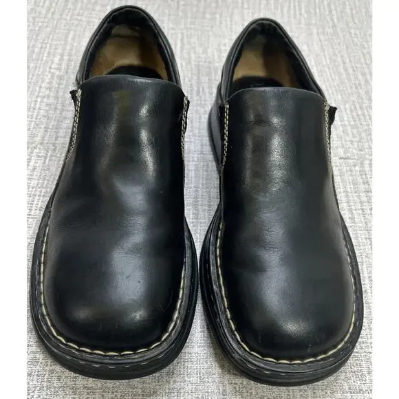 Born (BOC) Shoe Slip On Clogs-#W3934 Black Leather Chunky Round Toe-Women 9 - Picture 2 of 6
